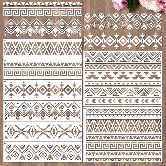 Sistink Reusable Aztec Stencils for Painting - 8 Pcs Tribal Stencils for Crafts Reusable, Boho Corner Stencil for Painting, DIY Aztec Templates on Wood Cabinets Wall Decor