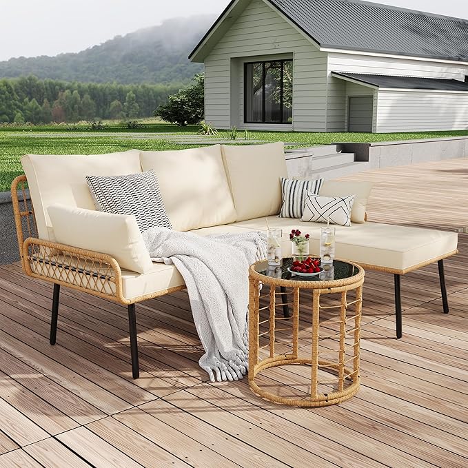 IDEALHOUSE 3-Piece Patio Furniture Set, All Weather Rattan Sofa with Tempered Glass Coffee Table and Thick Cushions, Sectional L-Shaped Patio Furniture for Deck, Poolside, Backyard, or Porch, Beige