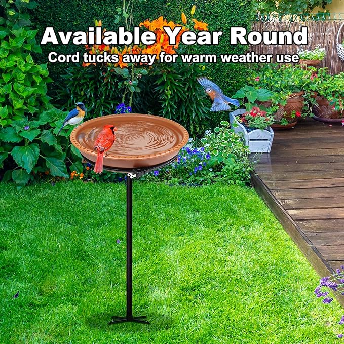 BIRD WISH Heated Bird Bath, Stable 5-Prong Metal Base Thermostat Control Weather Resistance All Seasons Available 75W Heated Bird Baths for Outdoors for Winter Garden Yard Patio Lawn, Terracotta