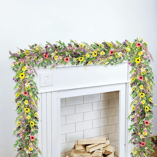 2pcs 6 ft Artificial Wildflower Garlands Wisteria Lavender Garland Daisy and Lavender Faux Floral Vine Summer Spring Floral Fake Garland All Year Round Home Decor for Indoor Outdoor Wedding Arch