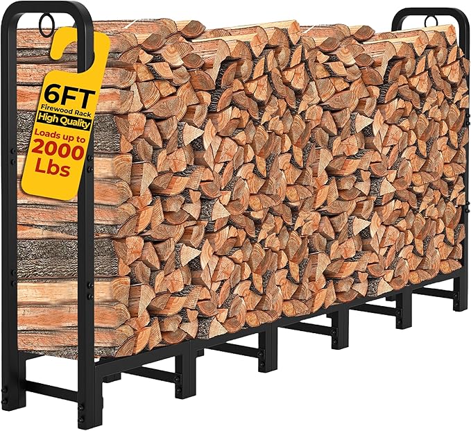 Amagabeli 6ft Firewood Rack Outdoor Heavy Duty Fire Wood Rack Log Holder Organizer Stand for Fireplace Indoor Adjustable Metal Wood Pile Lumber Storage Organizer Stacker for Patio Porch Black