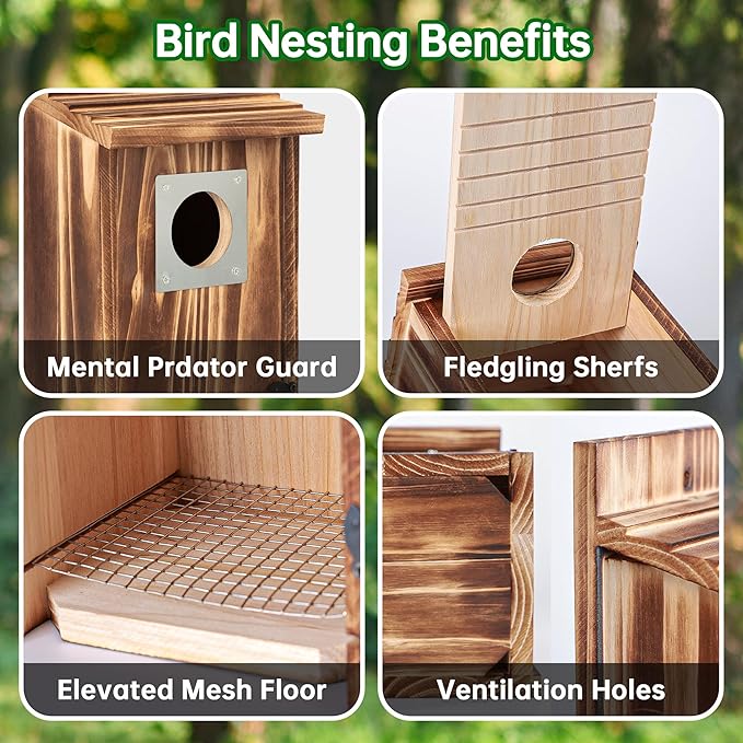Bird Houses for Outside with Metal Predator Guard for Bluebird Wren Swallow Finch, Carbonized Wooden Nesting Boxes for Outdoor, Sturdy Bird House,Easy to Clean