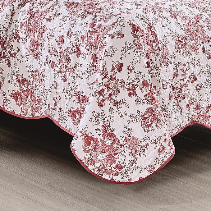 Wonderful 100% Cotton Red Floral Bedspread Set Queen Size, Quilt Bedding Sets with Pillow Shams, 3 Pieces Botanical Coverlet Set, Quilted Blanket Bed Cover for All Season, 102"x118"