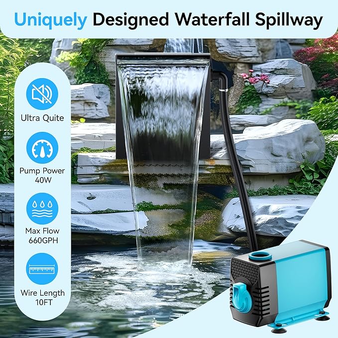 POPOSOAP Pond Waterfall Spillway with LED Lights, 304 Stainless Steel Waterfall with Filtration & 9.8FT Corrugated Tubing, 660GPH Pond Pump Fountain Kit for Outdoor Garden Pond,13.4" H x 12"W-P43HD