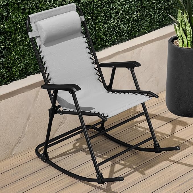 Best Choice Products Outdoor Folding Rocking Chair, Zero Gravity Lounge Chair, Patio Rocker w/Headrest Pillow - Ice Gray