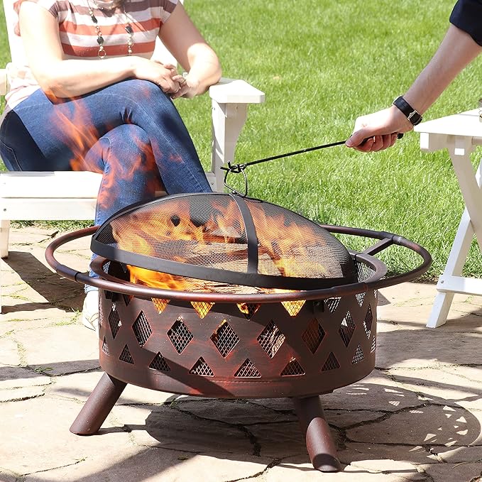 Sunnydaze Crossweave Outdoor Fire Pit - Wood-Burning Fire Pit for Outside with Spark Screen, Poker and Round Cover - 30-Inch - Bronze
