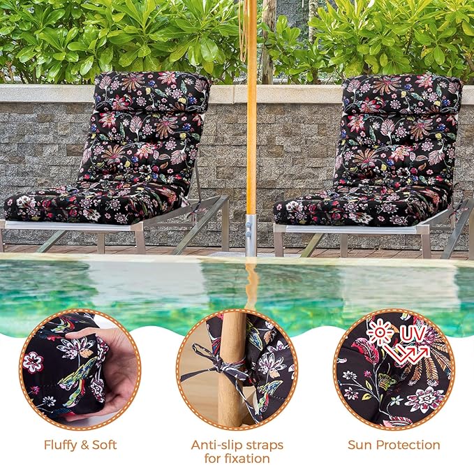 Barydat 4 Pcs Tufted High Back Chair Cushion Indoor Outdoor Seat and Back Cushions Palm Leaves Tropical Plants Lawn Rocking Chair Pads with Ties for Adirondack Patio Garden(Black Flower)