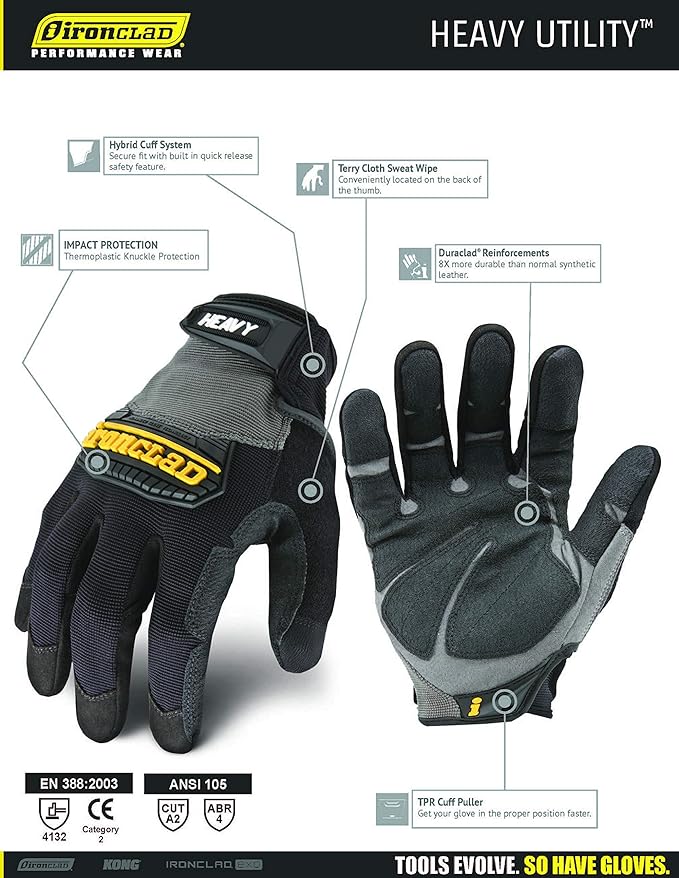 Ironclad Heavy Utility Work Gloves HUG, High Abrasion Resistance, Performance Fit, Durable, Machine Washable, (1 Pair), X-LARGE,Black & Grey