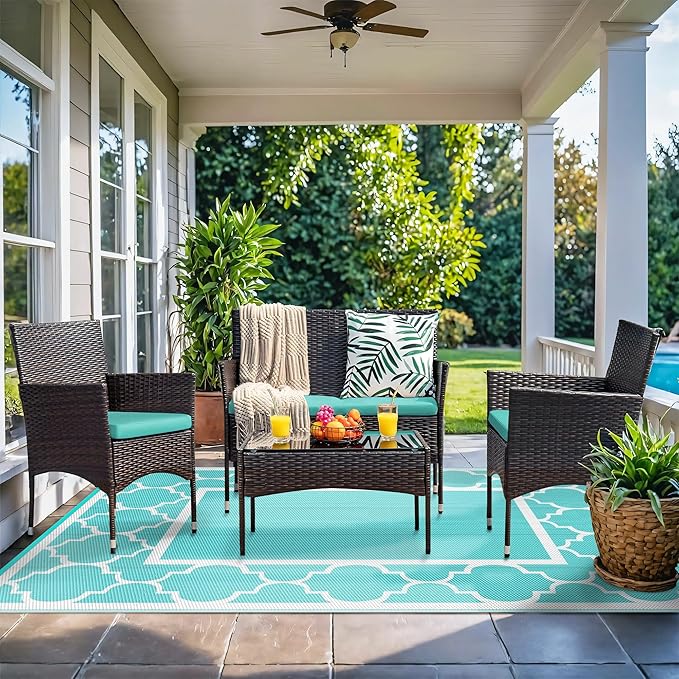 GENIMO 8 ' x 10 ' Outdoor Rug for Patio Clearance, Waterproof Indoor Outdoor Plastic Straw Rugs Carpet, Reversible Outside Area Mat for Camping, Balcony Porch, Deck, Picnic, Beach Aqua Blue & White