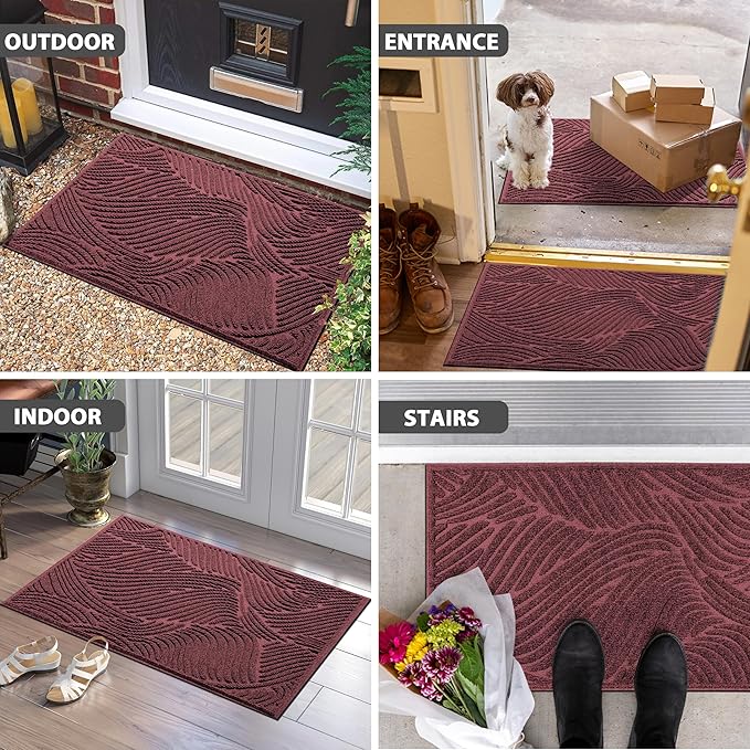 Yimobra Doormat Outdoor Entrance, Simple Stripes All-Weather Waterproof & Non-Slip Mat for Front Door, Heavy Duty Welcome Mat for Indoor, Garage, Patio-36x24, Red