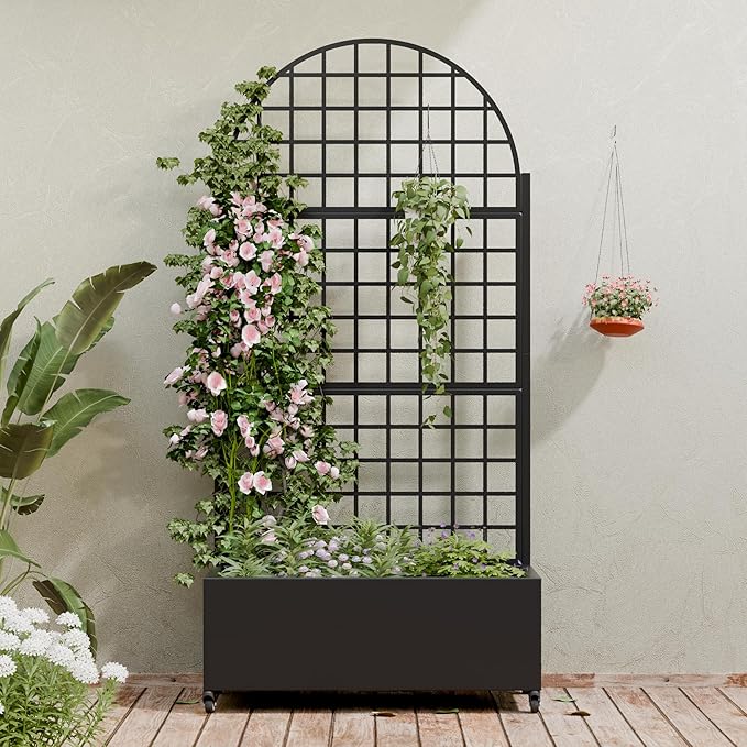 Casaphoria Metal Raised Garden Bed with Trellis and Wheels, 72"x35"x16" Arched Planter Box for Climbing Plants, Vegetables & Vines, Features Drainage Holes and Privacy Screen (Black-Grid)
