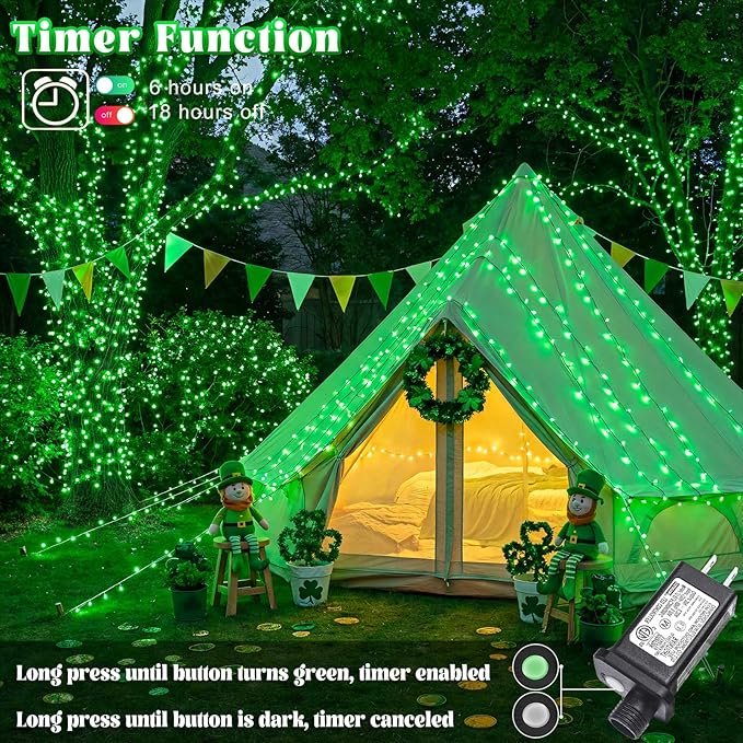 66FT 200 LED Outdoor String Lights, Connectable St Patricks Day Lights Waterproof with 8 Modes, Plug in Clear Wire Twinkle Lights for Indoor Room Home Wedding Patio Yard Decorations, Green