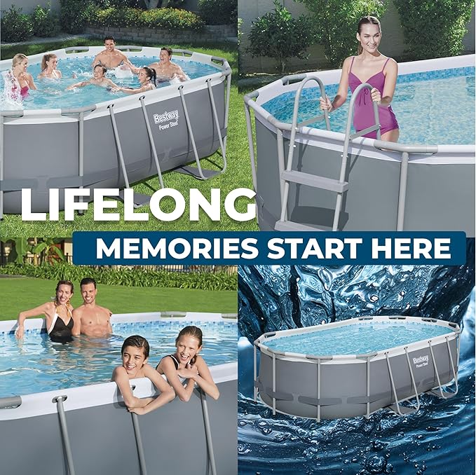 Bestway Steel Pro MAX 14' x 33" Round Above Ground Swimming Pool Set, 530 GPH Filter Pump, Tritech Puncture Resistant Liner, ClickConnect Steel Frame, Gray