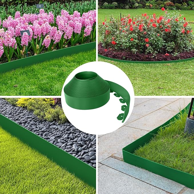 4-Inch x 100 FT Landscape Edging Border with 150 Stakes, Plastic Garden Edging Border Kit, Flexible No Dig Lawn Edging Border for Garden Flower Beds Yard Pathway Paver (Green)