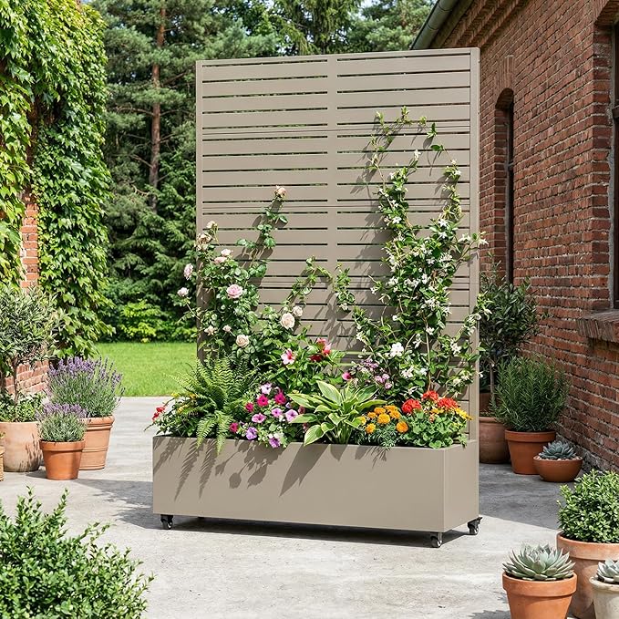 Casaphoria Metal Raised Garden Bed with Trellis and Wheels, 72"x47"x16" Planter Box for Climbing Plants, Vegetables & Vines, Features Drainage Holes and Privacy Screen, Green-Louvered