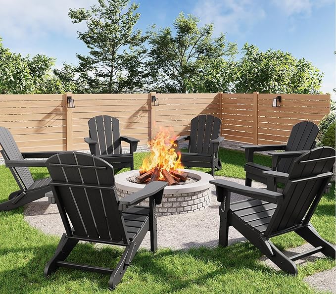 GarveeLife Folding Adirondack Chairs Set of 6, HDPE Plastic Outdoor Chairs with Wood Texture - 380 LBS & Weather Resistant for Fire Pit, Deck, Patio, Pool, Backyard - Black
