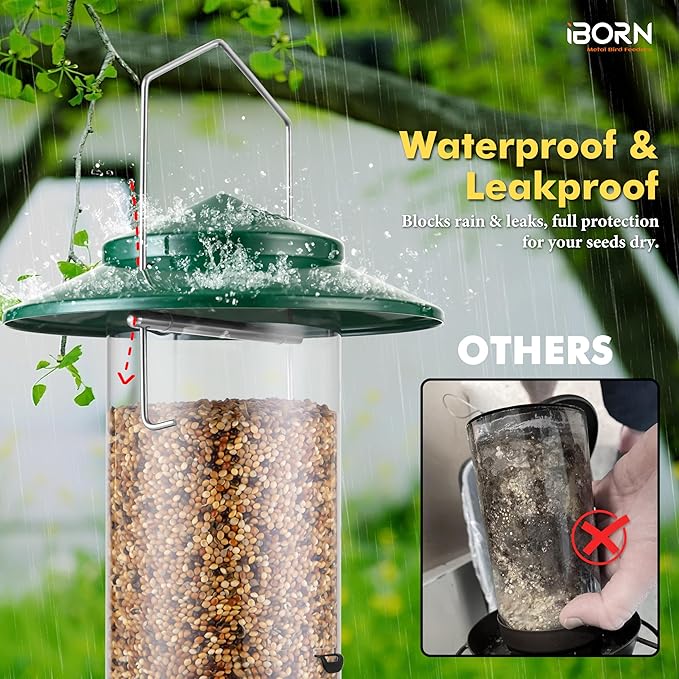 iBorn Bird Feeder Metal Squirrel Chew-Proof Bird Feeders for Outdoors Hanging for Cardinal Outside, Holds 1.5LB Seed with 3 Perchs, Green (Seed is not Included)