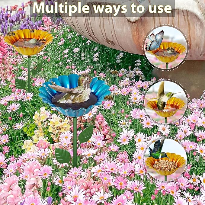 Large Bee Watering Station, 2 Pack Small Bird Bath for Outside, Metal Butterfly Feeders Bowl with 5.32'' Flower Design Bee Bath for Garden Decor