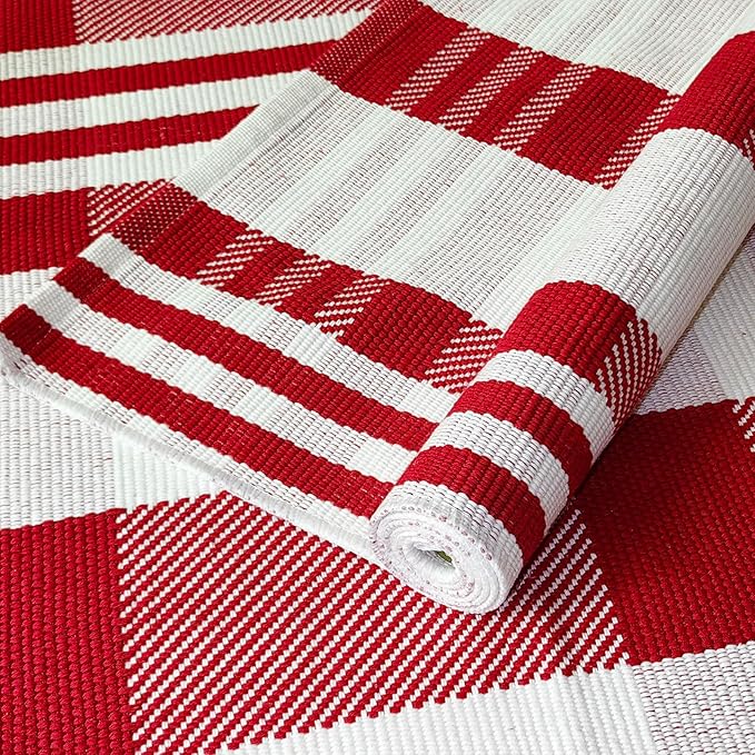Christmas Plaid Outdoor Rug, 2'4" x 3'7" Red&White Check Indoor/Outdoor Area Rug, Layering Rug for Hello/Welcome Door Mat, Machine Washable Cotton Woven Rug for Farmhouse Front Porch,Entryway