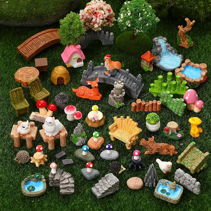 65 Pcs Fairy Garden Accessories Mini Resin Animals Figures Miniature Table and Chairs Bridge Mushroom Pond Fence Moss Bonsai Landscape Ornaments Kit for Garden DIY Craft