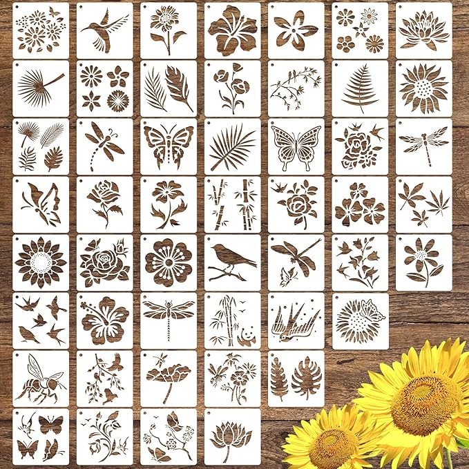 50 PCS Flower Painting Stencils Reusable Flower Stencils for Painting on Wood Rocks Canvas Fabric Glass Pottery 4x4 Inch