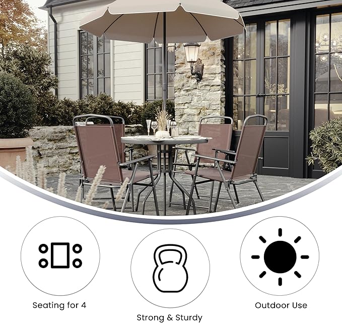 Flash Furniture Nantucket 6-Piece Patio Dining Set with Glass Table, 4 Folding Chairs, and Umbrella, Outdoor Patio Set, Brown