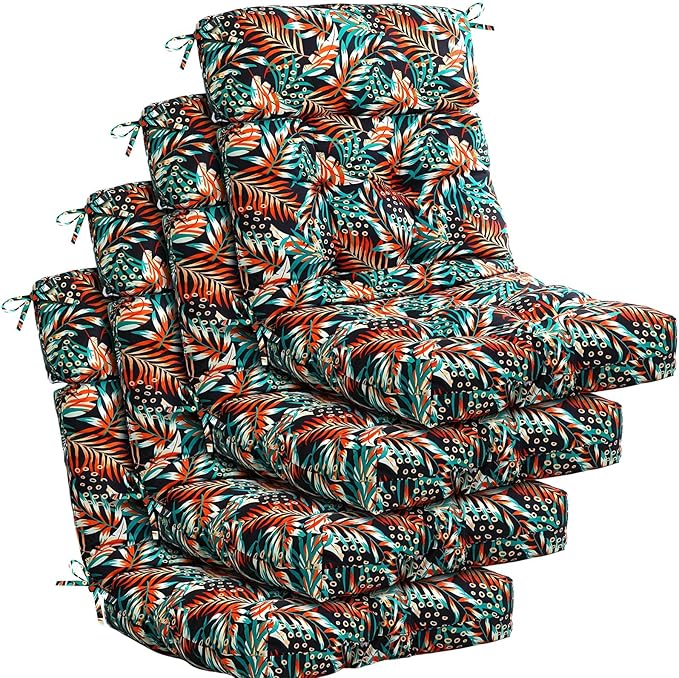 Barydat 4 Pcs Tufted High Back Chair Cushion Indoor Outdoor Seat and Back Cushions Palm Leaves Tropical Plants Lawn Rocking Chair Pads with Ties for Adirondack Patio Garden (Simple Style)