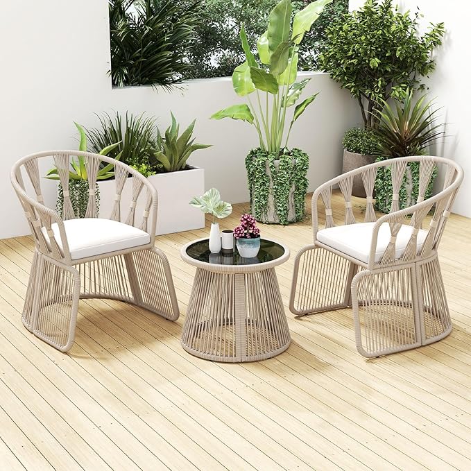 Tangkula 3 Piece Patio Leisure Chair Set, Outdoor Rope-Woven Cushioned Armchairs & Table Set with Tempered Glass Tabletop, for Balcony, Porch, Backyard (Off White)