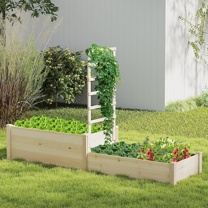 Giantex Wooden Raised Garden Bed with Trellis & 2 Planter Boxes, Raised Bed for Vegetables Flowers Vine Fruits Herbs Gardening Planting, Outdoor Garden Box for Patio Backyard Lawn