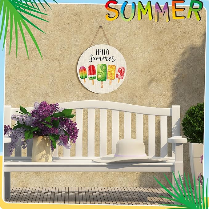 Chunful Hello Summer Door Decor Ice Cream Wreath Front Door Hanger Ice Lolly Farmhouse Summer Wooden Hanging Welcome Beach Wall Wreath Sign for Home Seasonal Holiday Porch Office Garden Office