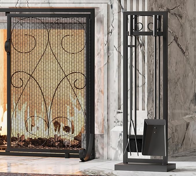 Kingson 5-Piece Fireplace Tool Set – 30.5" Black Scroll Design Heavy Duty Fireplace Accessories for Indoor & Outdoor Wood-Burning Fireplaces, Fire Pit Tools