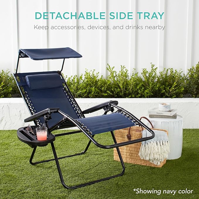 Best Choice Products Folding Zero Gravity Outdoor Recliner Patio Lounge Chair w/Adjustable Canopy Shade, Headrest, Side Accessory Tray, Textilene Mesh - Peacock