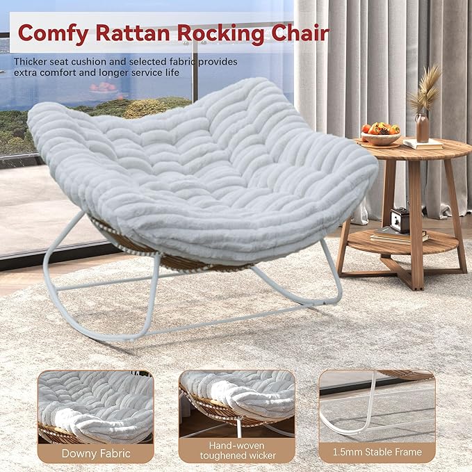 Papasan Rocking Chair, Rattan Rocking Chair, Oversized Outdoor Chair with Deep Seat Thick Cushion, Patio Rocking Chair for Bedroom/Porch/Garden (Light Grey & White)