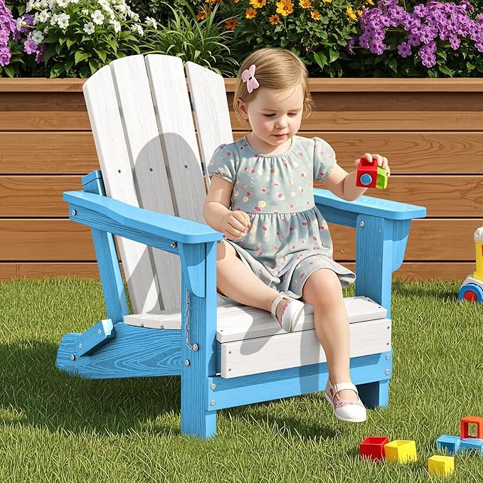 SERWALL Kids Adirondack Chair, HDPE Adirondack Chair for Children,All-Weather Resistant for Patio, Garden, Backyard - Light Blue and White
