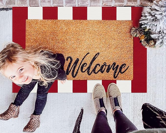 KOZYFLY Red and White Striped Outdoor Rug 24x36 Inches Front Door Rug Hand Woven Christmas Area Rug Washable Doormats Entrance Mat for Front Porch Kitchen Entryway Bedside