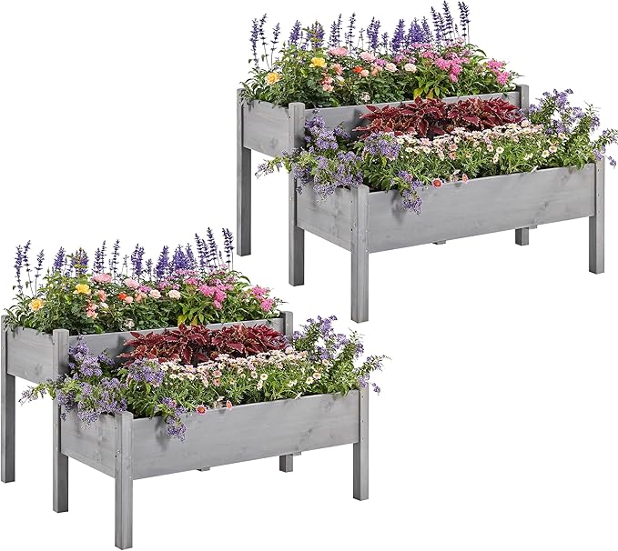 Yaheetech 47x41x30in Wooden Raised Garden Bed 2pcs Horticulture 2 Tiers Elevated Planter Grow Box for Herb with Legs & Drainage Holes, Gray