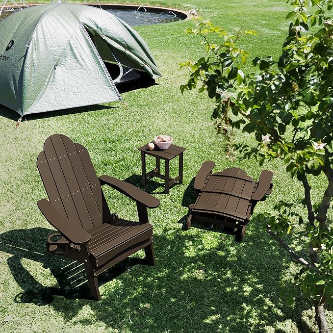 LUE BONA Folding Adirondack Chair 3 Piece Set, Dark Brown HDPS Outdoor Chair with Side Table & Cup Holder for Fire Pit Porch Seating