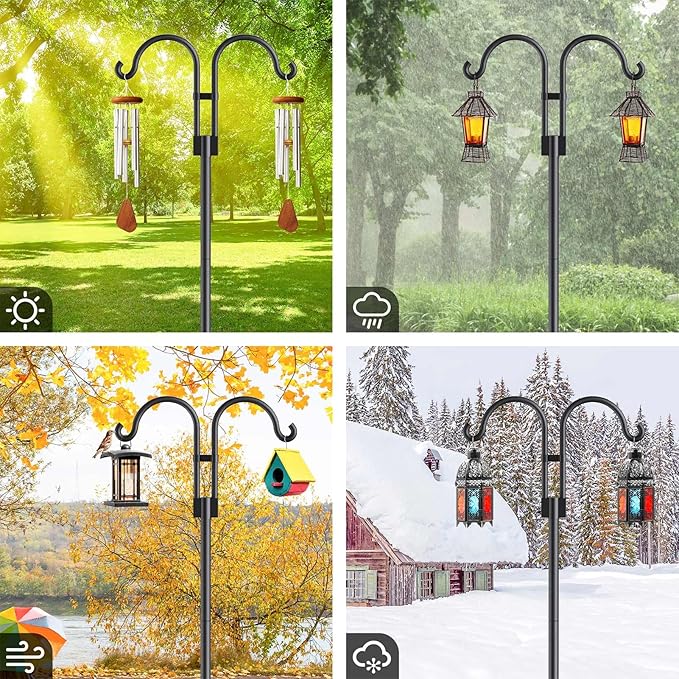 Relx Bird Feeder Pole - Adjustable Double Shepherds Hooks for Bird Feeder with 5 Prong Base - 76 Inch Heavy Duty Shepherds Hooks for Outdoor for Outside for Hanging Garden Plant,Solar Light Lanterns