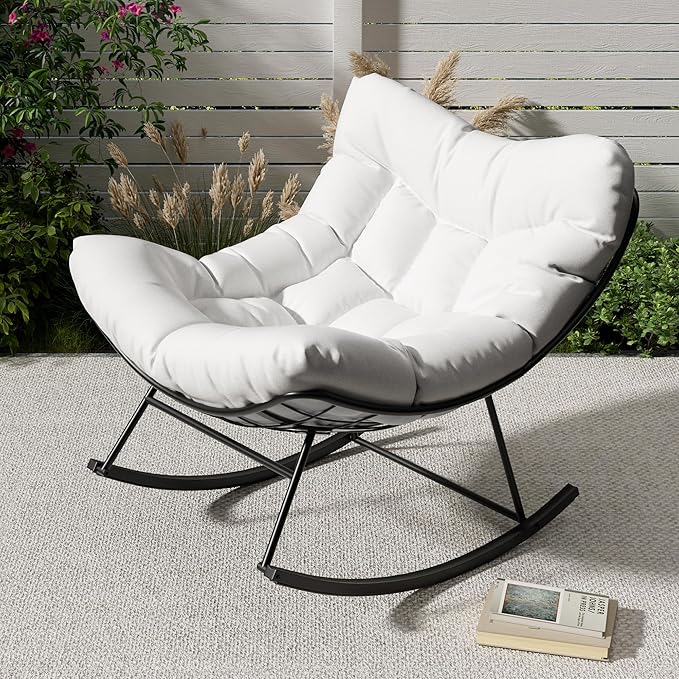 GarveeLife Outdoor Papasan Rocking Chair, Oversized Rocking Chair with Sturdy Metal Frame, Patio Rattan Egg Rocker for Balcony Backyard Porch Bedroom, White