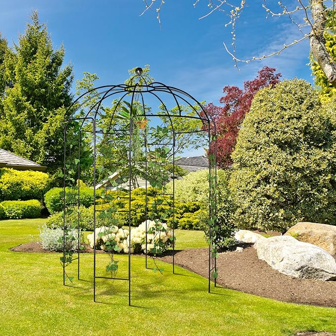Garden Arbor, 9FT Metal Garden Arch for Climbing Plants Outdoor, Black Gazebo Archway for Lawn, Patio and Backyard, Wedding Arches for Ceremony, Includes Ground Stakes
