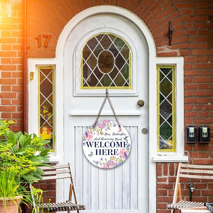 Spring Hanging Decor For Front Door, Outside Hummingbird Round Sign Decor For Farmhouse Home Yard Porch, Hello Spring Decorations, Welcome Spring Wall Plaque Gifts For Friends Family -10