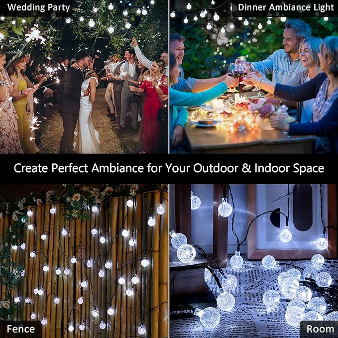 2-Pack 30 LED 20FT Solar String Lights Outdoor, Crystal Globe Lights with 8 Lighting Modes, Waterproof Solar Powered Patio Lights for Garden Yard Porch Wedding Party Decor (White)