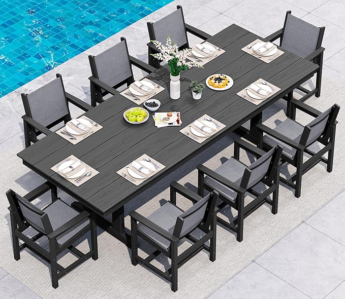 SERWALL 9 Piece Outdoor Dining Set, 84" HDPE Outdoor Table and Chairs for 8，All Weather Patio Furniture Set with Umbrella Hole for Backyard, Garden, Black