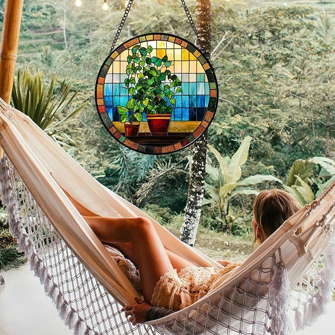 Stained Glass Window Hanging Green Potted Plants 9.8" - Suncatcher Door Garden Sun Catcher Retro Home Decor Birthday Christmas for Mom Men Woman Nana Friend