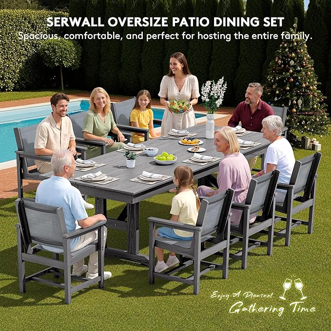 SERWALL 9 Piece Outdoor Dining Set, 84" HDPE Outdoor Table and Chairs for 8，All Weather Patio Furniture Set with Umbrella Hole for Backyard, Garden, Gray