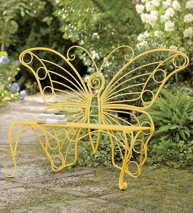 Plow & Hearth Weatherproof Butterfly Outdoor Bench | Holds Up to 300 lbs | Garden Patio Porch Park Deck | Metal | Yellow