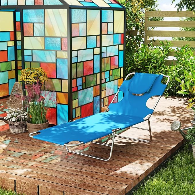 Outsunny Chaise Lounge Chair Outdoor with Face Arm Hole, 5-Position Reclining Face Down Tanning Chair with Carry Strap, Side Pocket, Portable Folding Bed Cot for Patio Beach Pool, Light Blue