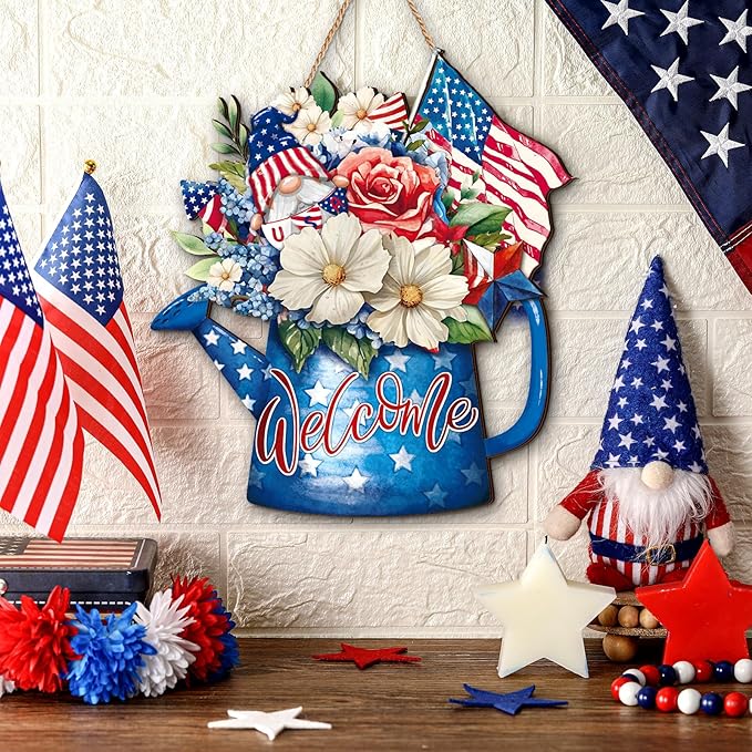 Juexica 4th of July Door Decor Patriotic Wooden Hanging Sign Independence Day Memorial Day Decoration American Flag Bouquet Door Hanger for Outdoor Farmhouse Porch