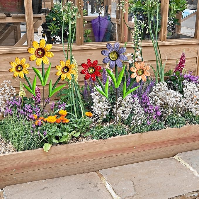 Metal Flowers for Outside,2 Pack Large Colorful Decorative Garden Stakes Yard Art,Spring Garden Decor for Lawn, Pathway & Garden(21.9 * 12IN)
