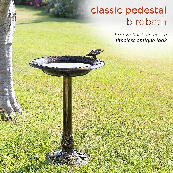 Alpine Corporation 27" Tall Outdoor Antique Pedestal Birdbath with Bird Statue Decor, Durable Polypropylene Construction, Bronze